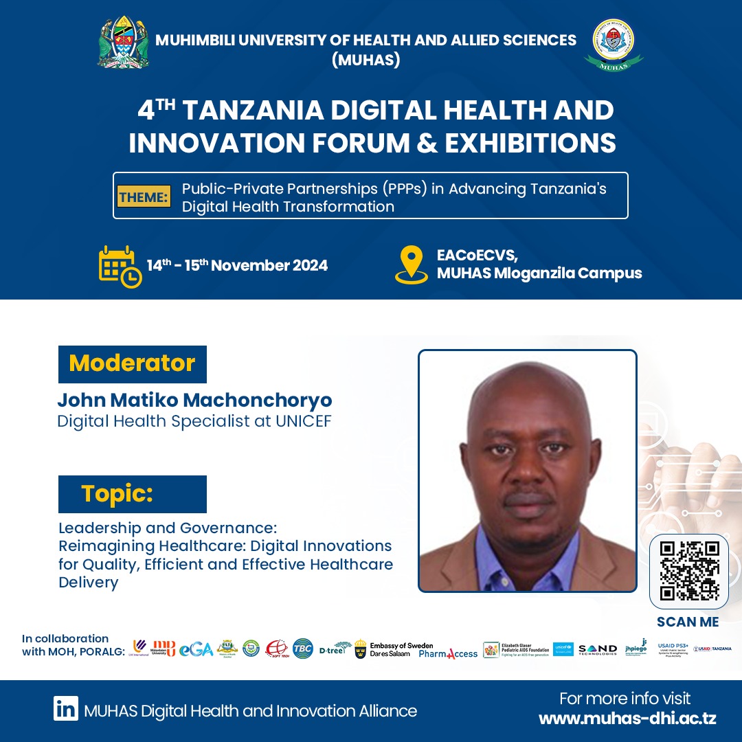 MUHAS Digital Health (@muhas_dhealth) on Twitter photo Mr. John Matiko, a Digital Health Specialist at <a href="/UNICEFTanzania/">UNICEF Tanzania</a> , will participate in the session
"Leadership and Governance: Reimagining Healthcare - Digital Innovations for Quality, Efficient, and Effective Healthcare Delivery"
#DigitalHealthTz
#HealthTransformation Mr. John Matiko, a Digital Health Specialist at <a href="/UNICEFTanzania/">UNICEF Tanzania</a> , will participate in the session
"Leadership and Governance: Reimagining Healthcare - Digital Innovations for Quality, Efficient, and Effective Healthcare Delivery"
#DigitalHealthTz
#HealthTransformation
