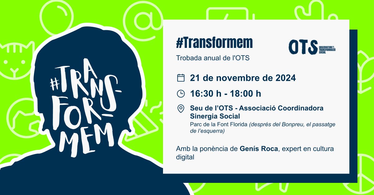 OTS_org's tweet image. A l’OTS #transformem per deixar un llegat sostenible a les properes generacions, i per això et convidem al nostre acte central!

🔔 Data: 21 de novembre
⏰ Hora: 16:30 - 18:00 h
🖇 Plaça: t.ly/1LFxf

Després de la jornada, queda't a fer networking!