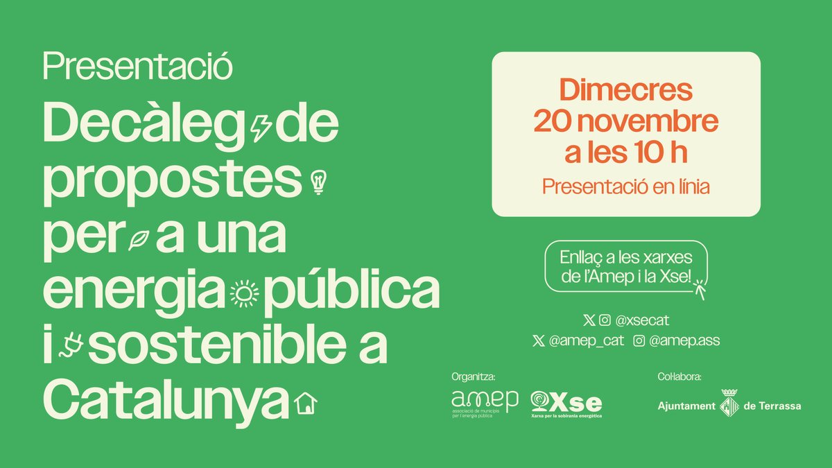 Xarxa per la sobirania energètica (Xse) (@xsecat) on Twitter photo 📢 Presentem el Decàleg per una Energia Pública i Sostenible a Catalunya! #DecàlegEnergia
La <a href="/xsecat/">Xarxa per la sobirania energètica (Xse)</a> i l'<a href="/Amep_Cat/">Amep_cat</a> hem elaborat propostes per transformar les polítiques públiques energètiques d'aquesta legislatura. ⚡
📅 Dimecres 20 de novembre
🕙 10h
🌐 youtube.com/live/Hr1IIECgh… 📢 Presentem el Decàleg per una Energia Pública i Sostenible a Catalunya! #DecàlegEnergia
La <a href="/xsecat/">Xarxa per la sobirania energètica (Xse)</a> i l'<a href="/Amep_Cat/">Amep_cat</a> hem elaborat propostes per transformar les polítiques públiques energètiques d'aquesta legislatura. ⚡
📅 Dimecres 20 de novembre
🕙 10h
🌐 youtube.com/live/Hr1IIECgh…