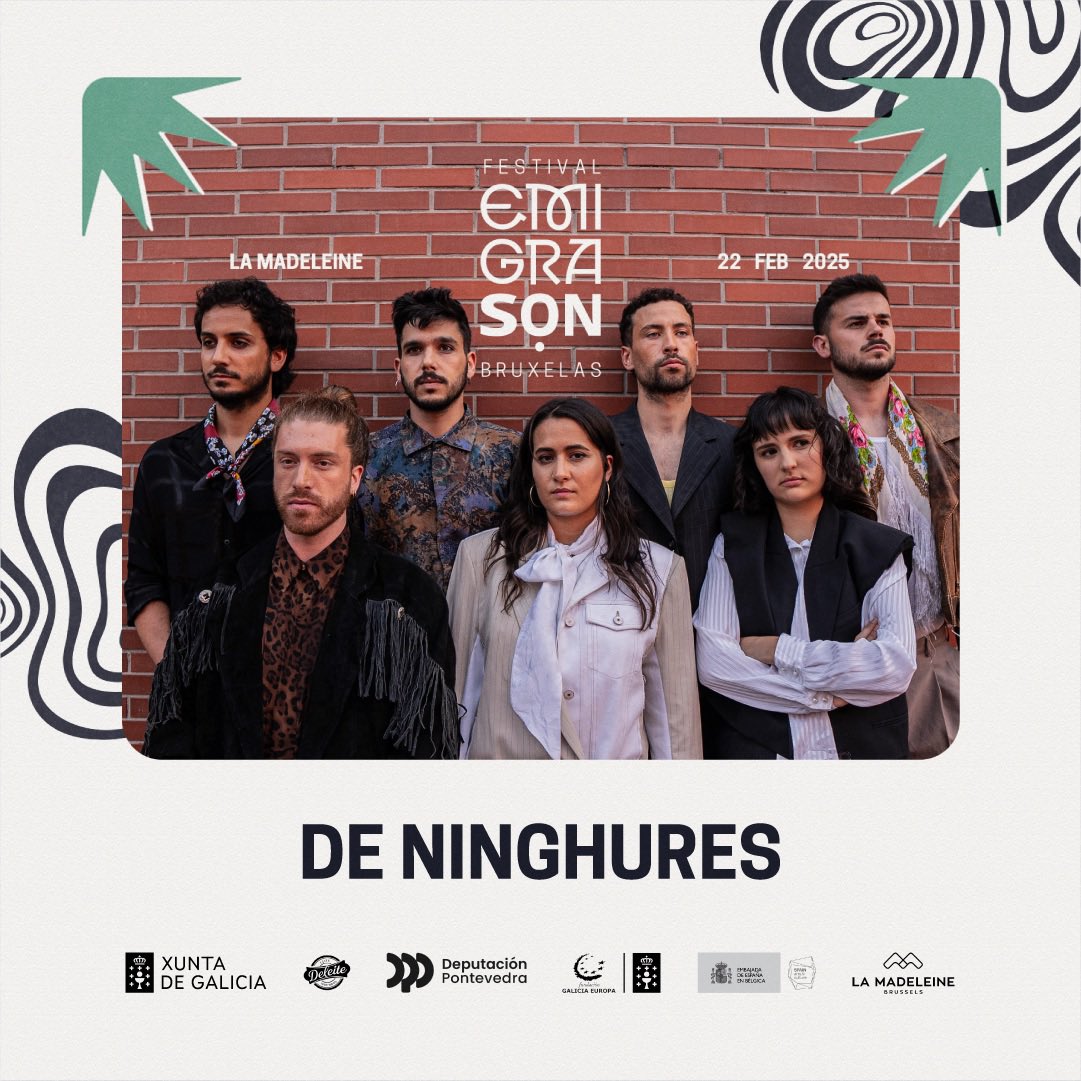 EmigraSon_'s tweet photo. 💥 SEGUNDA CONFIRMACIÓN #Emigrason2025: DE NINGHURES 💥

O grupo revelación de 2024 traerá o seu fresh trad galego a Bruxelas.

Na capital belga sabemos de días feos, sen máis. VIDE BAILAR! 🕺 

#musica #musicagalega #galicia #festivalgalego https://t.co/cg6s5VonBE