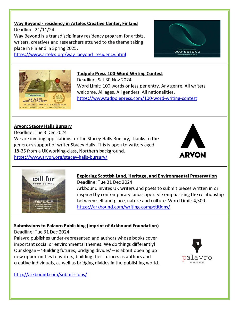 CraigJordanBak1's tweet photo. This week's competitions and opportunities with great things from @arvonfoundation @arkbounduk @Arteles  and more!

Please RX and follow me for regular updates :-) https://t.co/FdQaWy79HW