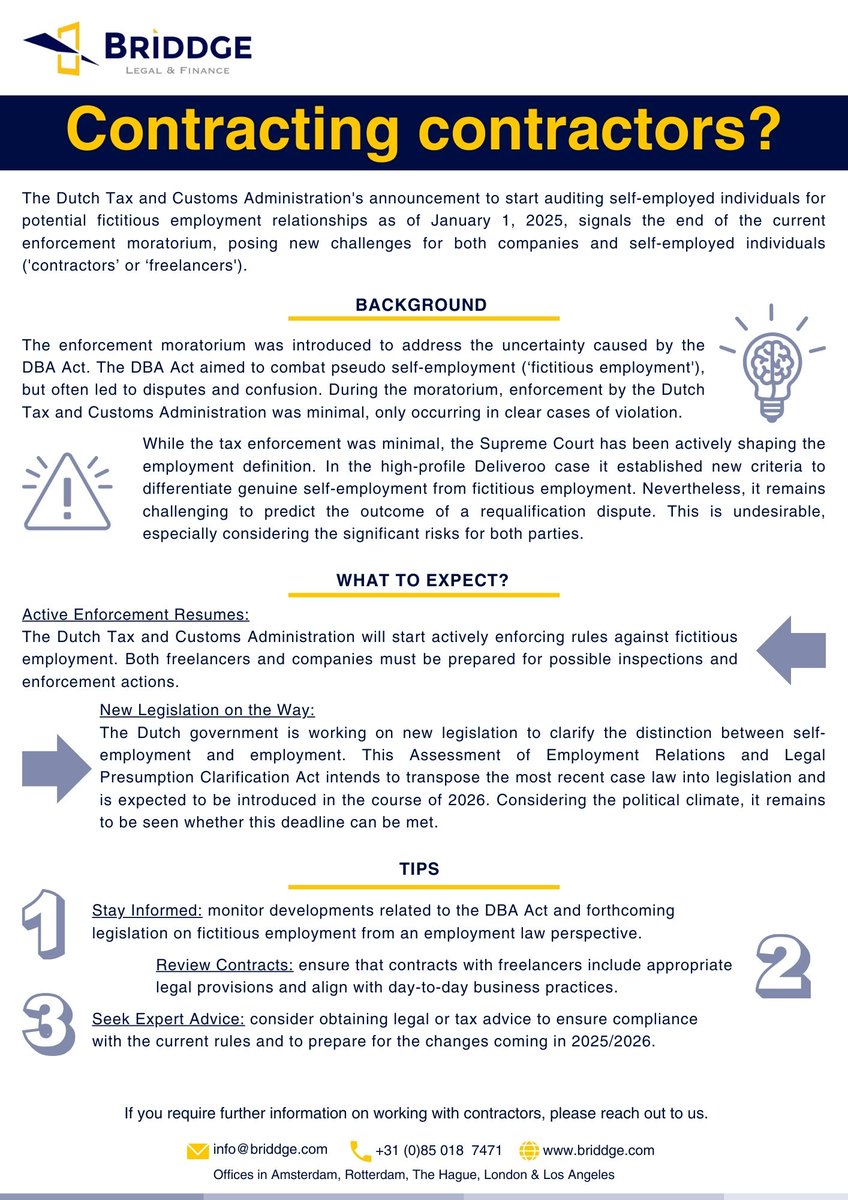 Recent changes have introduced new legal and tax risks when hiring contractors. Our latest infographic provides an overview of the most relevant updates and considerations for businesses hiring contractors in the #Netherlands.
#employmentlaw #hrlaw #dutchlaw #legaladvice
