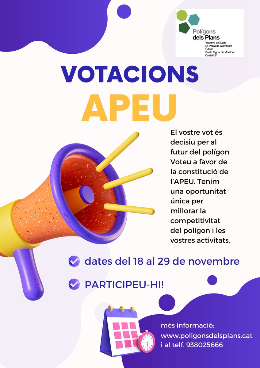Del 18 al 29 de novembre realitzarem el procés de votacions pel projecte de constitució d'una APEU als polígons Pla de Rigat i Riera de Castellolí. Des de l'Associació Polígons dels Plans animem a totes les empreses a participar-hi!
#polígons #APEU #VilanovadelCamí