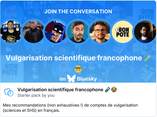 philoxime's tweet photo. Voici donc mon starter pack (partial et non-exhaustif) avec 80+ recos de comptes de vulgarisation en français : https://t.co/GWW7JGDojY https://t.co/7r0VFxYMlD