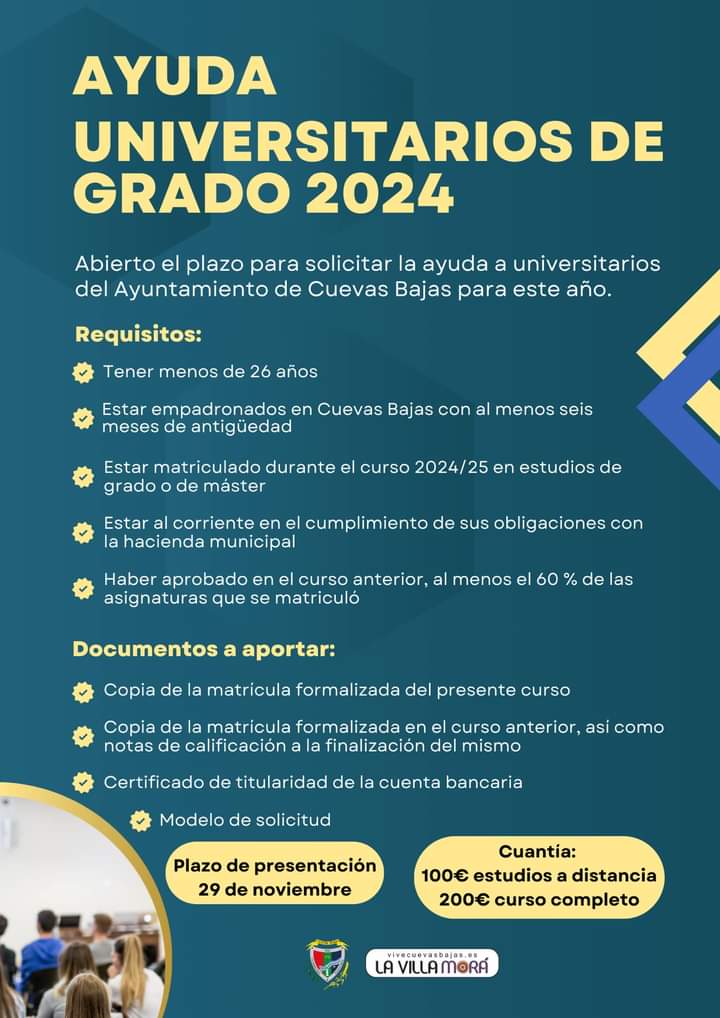 ✍🏻 Abierto el plazo para solicitar las ayudas económicas del Ayuntamiento de Cuevas Bajas para universitarios/as de Grado del municipio.
🗓️ Puedes presentar tus solicitudes hasta el viernes 29 de noviembre. 
🖱️ Consulta las bases en el siguiente enlace: static.malaga.es/municipios/sub…