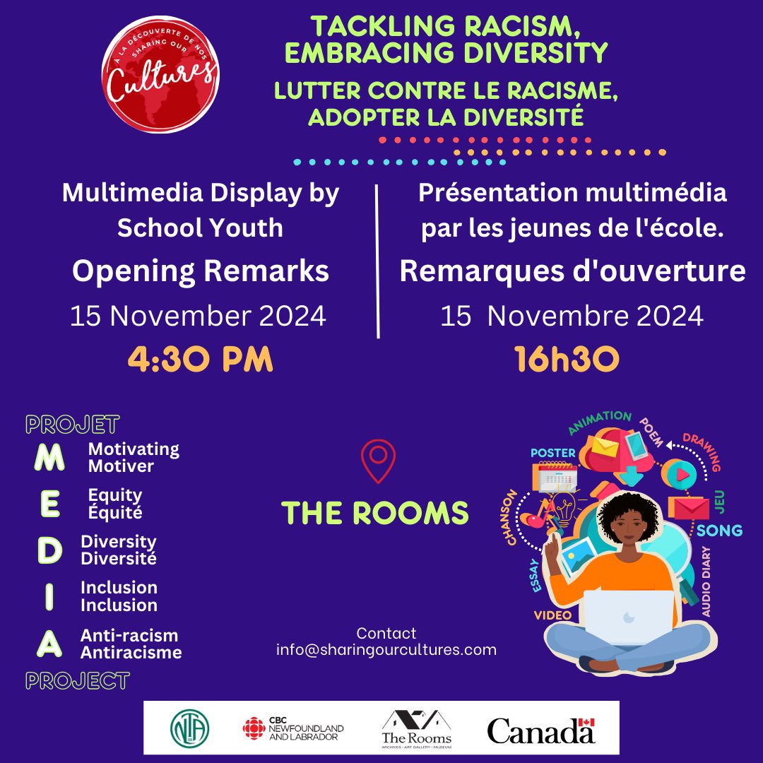 Support school youth and celebrate diversity in ⁦<a href="/GovNL/">Government of Newfoundland & Labrador</a>⁩ November 15-16, official opening of displays 4:30 pm Friday Nov. 15 ⁦<a href="/TheRooms_NL/">The Rooms</a>⁩. Thanks ⁦⁦<a href="/CdnHeritage/">Canadian Heritage</a>⁩ and all participating ⁦<a href="/NLSchoolsCA/">NLSchools</a>⁩ <a href="/NLTeachersAssoc/">NLTA</a>⁩ ⁦⁩ ⁦<a href="/CBCNL/">CBC Newfoundland and Labrador</a>⁩