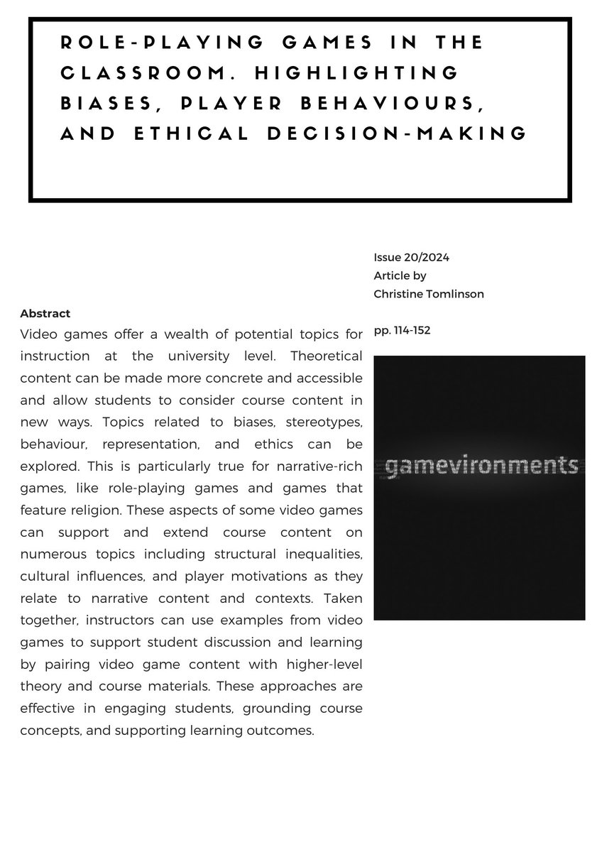 Another Article sneak peek out of our current issue - "Role-Playing Games in the Classroom. Highlighting Biases, Player Behaviours, and Ethical Decision-Making" by Christine Tomlinson - check it out! journals.suub.uni-bremen.de/index.php/game…