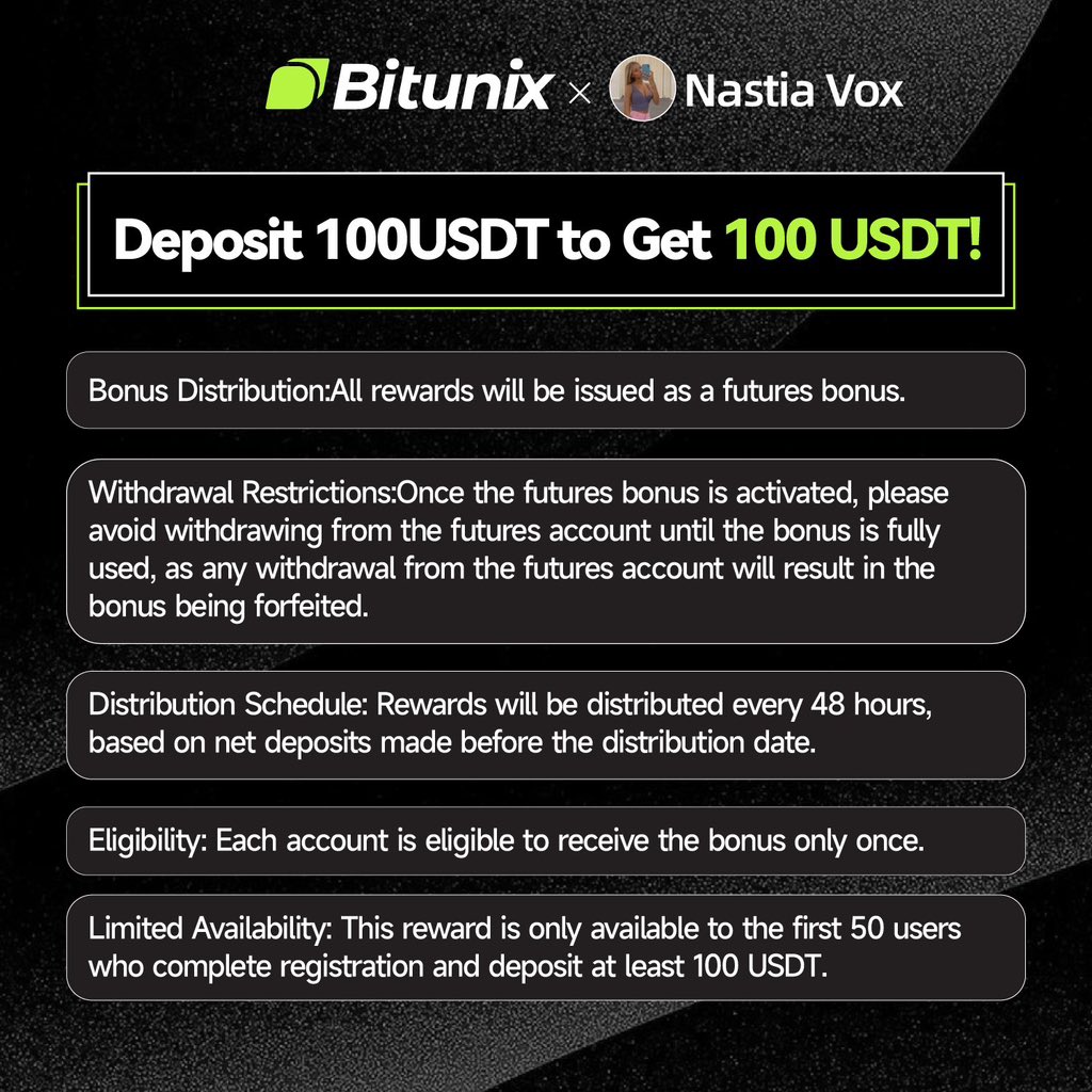 NastiaVox's tweet image. I'm very pleased to collaborate with @BitunixOfficial exchange:
Deposit 100$ and get back 100 ⬇️
bitunix.com/register?vipCo…
1. No kyc
2. A trusted established brand
3. No regional restrictions.
4. Better liquidity on Bitunix
5. Sign up through my link and deposit 100U to get…