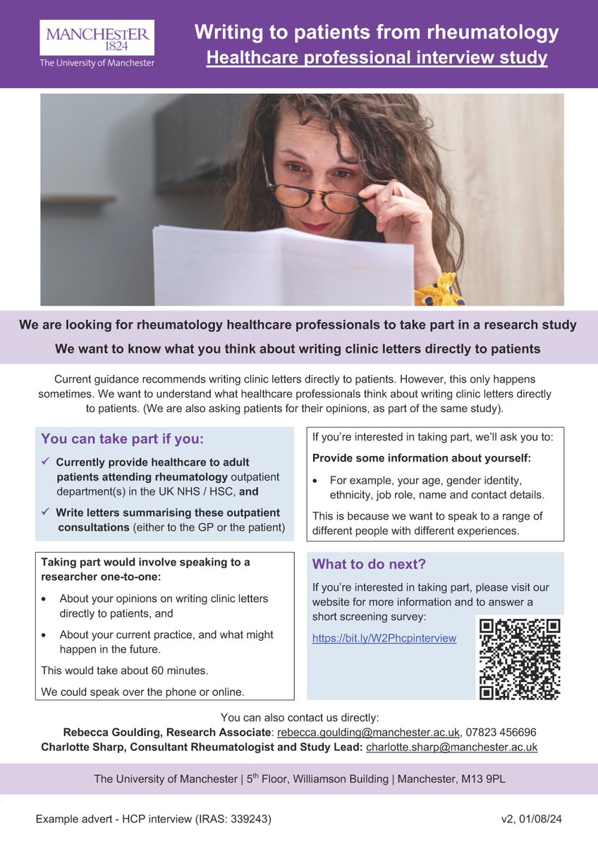 ✍️ Are you a #rheumatology healthcare professional in the UK? Join <a href="/sharpcharlotte/">Dr Charlotte Sharp</a>'s study on writing clinic letters to patients. Your input on this practice could shape the future of #PatientCare! 🔗 Interested? Find out more: bit.ly/W2Phcpinterview