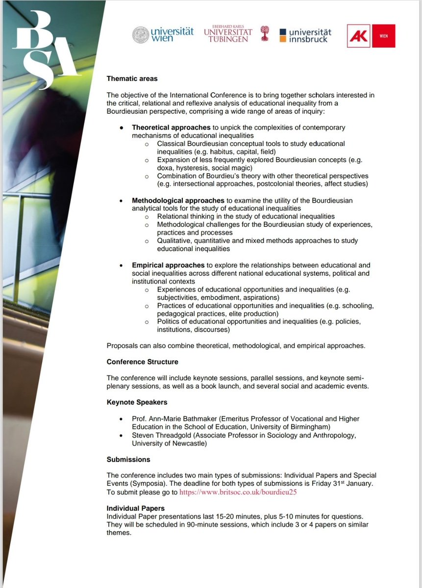 Flora Petrik (@flora_petrik) on Twitter photo 📣 The CfP for our <a href="/BSABourdieuSG/">BSA Bourdieu</a>
conference "Rising Complexities in Education", 3-5 September 2025 in Vienna, is open! If you are working on #Bourdieu, #education & #inequality and want to join a vibrant community, take a look: britsoc.co.uk/bourdieu25 📣 The CfP for our <a href="/BSABourdieuSG/">BSA Bourdieu</a>
conference "Rising Complexities in Education", 3-5 September 2025 in Vienna, is open! If you are working on #Bourdieu, #education & #inequality and want to join a vibrant community, take a look: britsoc.co.uk/bourdieu25