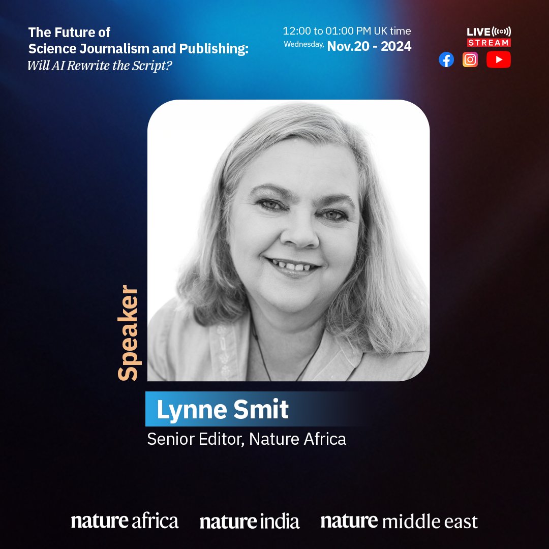 Nature India (@natureind) on Twitter photo 🎙️ Join our experts in "The future of science journalism and publishing: Will AI rewrite the script?" live webinar, as they discuss AI-driven editorial tools, accessibility in research, and more.
📅 Nov. 20 - 2024
🕔 12:00 to 01:00 PM UK time
<a href="/natAfrica1/">Nature Africa</a> <a href="/NatMiddleEast/">Nature Middle East (Ar)</a> 🎙️ Join our experts in "The future of science journalism and publishing: Will AI rewrite the script?" live webinar, as they discuss AI-driven editorial tools, accessibility in research, and more.
📅 Nov. 20 - 2024
🕔 12:00 to 01:00 PM UK time
<a href="/natAfrica1/">Nature Africa</a> <a href="/NatMiddleEast/">Nature Middle East (Ar)</a>
