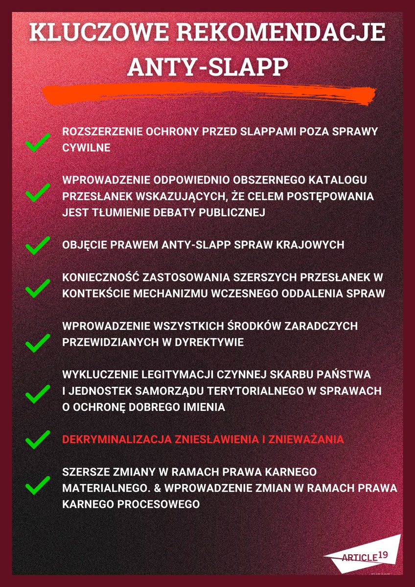 🇵🇱<a href="/article19org/">ARTICLE 19</a> <a href="/hfhrpl/">Helsińska Fundacja Praw Człowieka</a> &amp; <a href="/SiecObywatelska/">Watchdog Polska</a> developed a legal analysis that outlines crucial reforms needed to ensure protections for civil society in #Poland against #SLAPPs
Together w/ over 40 NGOs &amp; media outlets we call for a strong anti-SLAPP law

🔖➡️article19.org/resources/pola…