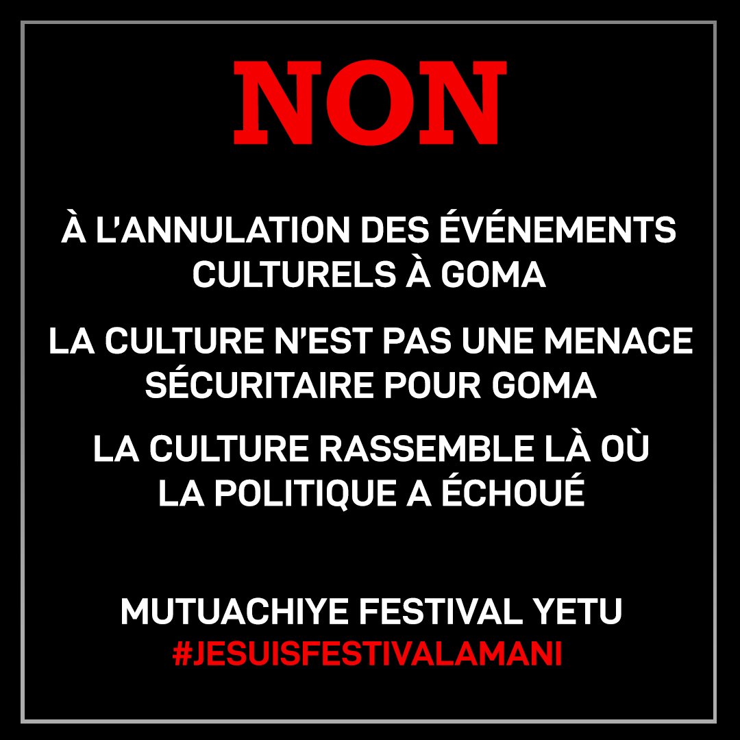 GomaDancefest's tweet photo. 𝗣𝗔𝗦 𝗗𝗘 𝗙𝗨𝗧𝗨𝗥𝗘, 𝗦𝗔𝗡𝗦 𝗨𝗡𝗘 𝗖𝗨𝗟𝗧𝗨𝗥𝗘
On nous impose chaque jour d'annuler nos événements car il y a la guerre à l'est l'insécurité à Goma, pourtant chaque jour les bars et boîtes de nuit sont ouverts et Goma fait la fête 👌🏾
Total soutien au @AmaniFestival https://t.co/N9UVmKAbUF
