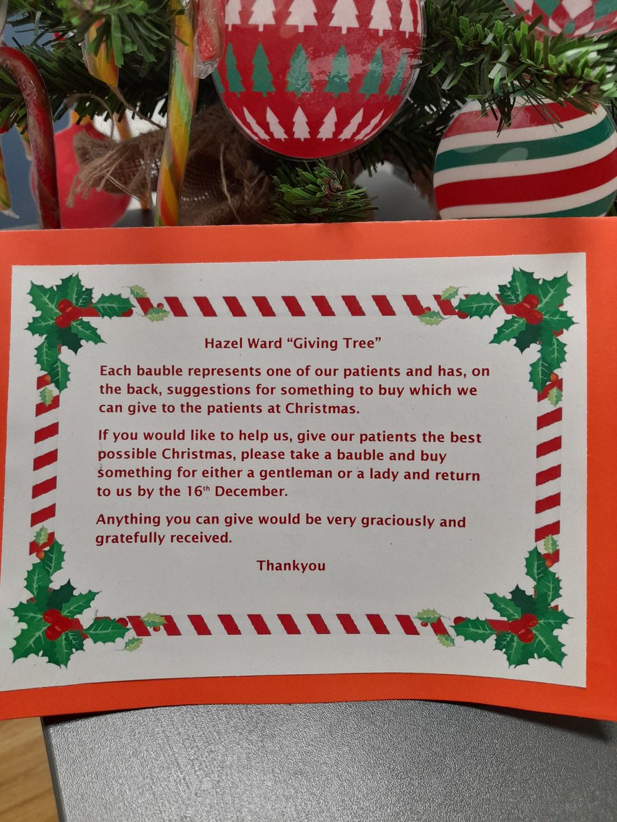 Hazel_Ward1's tweet photo. Today is world kindness day. In light of this Hazel ward are launching our very own 'giving tree' to ensure that our patients that will be with us at Christmas will receive a gift. If you are able to make a donation this would be gratefully received by the Hazel Ward team. https://t.co/cXHqXS3E9X