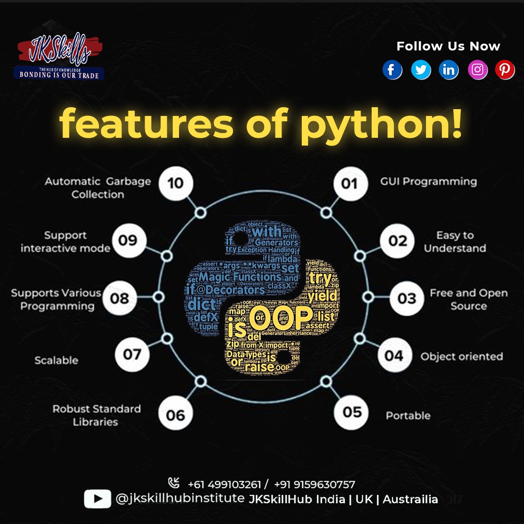 jkskillhub's tweet image. Unlock the Power of Python with Its Amazing Features! Dive into GUI Programming, Easy-to-Understand Syntax, Free & Open Source, Object-Oriented Design, and More! Perfect for beginners and professionals alike.
#Pythonprogramming #Coding #Pythonfeatures #Learnpython #Programming