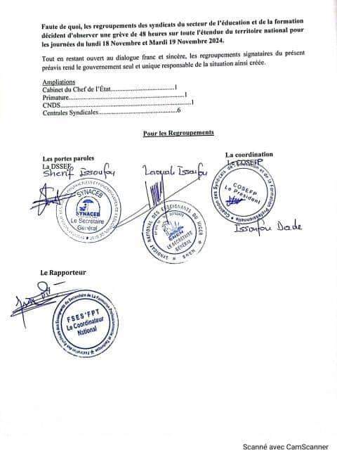 aboubacarybarma's tweet photo. #Niger #Éducation
Préavis de #grève de 48h de la #Dynamique (#DSSEF) et la #Coalition (#COSEFP) des #syndicats du secteur de l'éducation et de la #Formation professionnelle. Du lundi 18 au mardi 19 novembre 2024.
#CNSP
#fonctionpublique https://t.co/1KxEvYYo6w