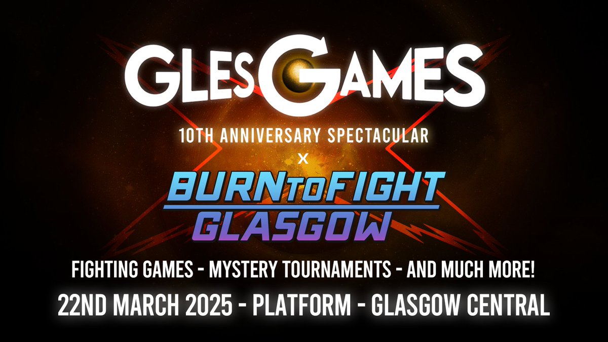 Here comes a new challenger! 👊🏻

We've teamed up with the folks at <a href="/B2FGlasgow/">Burn to Fight</a> to bring the latest fighting games to our 10th Anniversary Spectacular! 

🥋 Street Fighter 6
🌋 Tekken 8
🦅 GG Strive
🗡 Granblue &amp; more!

In addition, they'll be hosting a special tournament... 👀