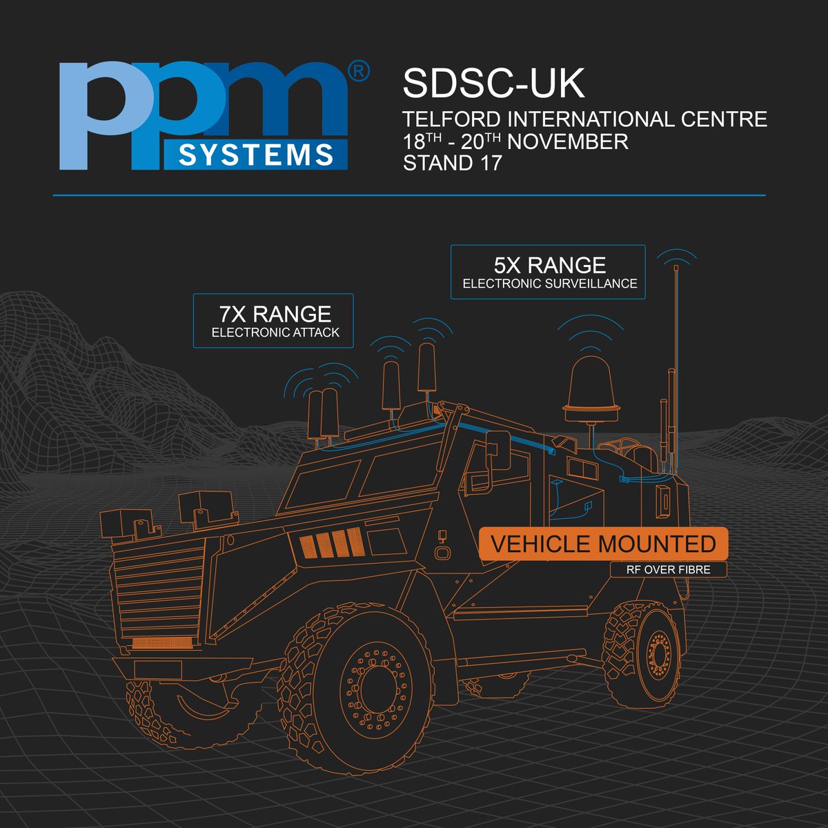 ppm_systems's tweet photo. How we're enabling Land #CEMA &amp; supporting increased survivability with 5x detection range &amp; 7x engagement range: Booth 17 at @SDSC_UK 18-20 Nov @TICTelford.. #rfoverfibre #rfof #VIK #defence #vehicleintegration #military #EW #EMSO #sdsc24 #SDSC https://t.co/bDo3Xlz1dr