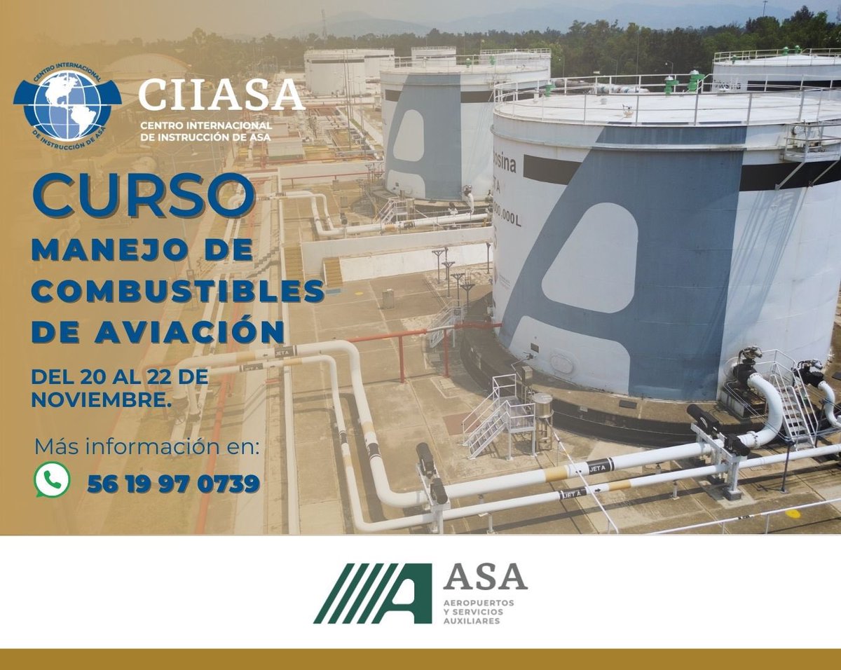 ASAMexico_mx's tweet photo. Conocerás el manejo de residuos peligrosos en una planta de combustible. Curso: Manejo de Combustibles de Aviación que el #CIIASA tiene para ti en sus instalaciones, del 20 al 22 de noviembre. Solicita más información o una cotización al correo: ciiasa_ ventas@asa.gob.mx #ASA https://t.co/JDbXw1VF6O