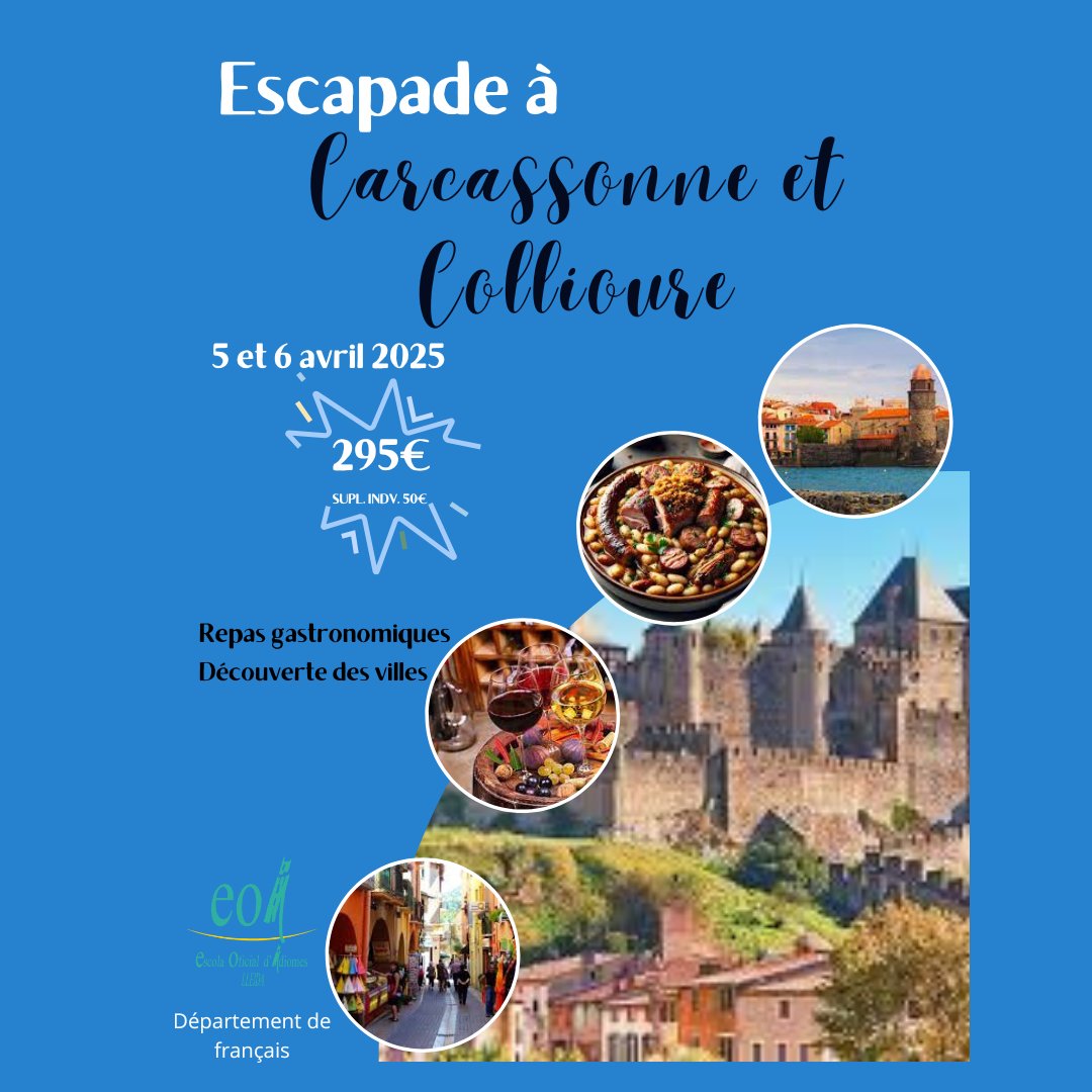 Cette année le département de français vous propose d'aller visiter Carcassonne et Collioure, les 5 et 6 avril prochains. 295€ tout compris, n'hésitez plus!
