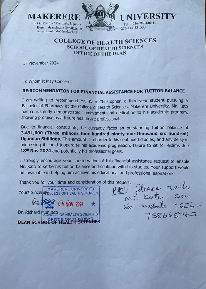 A CLARION CALL TO RAISE TUTION BALANCE!!!
Hello dear colleagues, friends and well wishers. I thank you all for your generosity and prayers 🙏. I want to inform you that we have managed to raise 1.5M Ush of this amount(3,491,600Ush) . I humbly call out for more support . Thanks 🙏