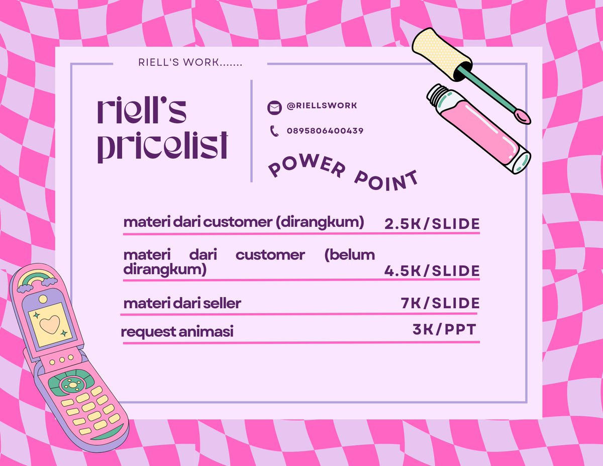 projectriell's tweet photo. aku open joki ppt yahh hari ini!😻 siapa yang tugas pptnya belum selesai padahal mepet dl??!! joki di @riellswork aja‼️😋 free revisi, bisa request design, pengerjaan cepett⚡⚡ start from 2.5k/slide aja!! langsung kontak wa di bio yahh!! see youu👋 #zonauang #zonatugas https://t.co/JrrNYhwSqW