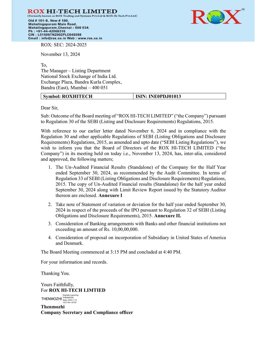nileshkurhade's tweet photo. 📌 Rox Hi Tech Limited informed the exchange about its approval for the financial results for the half year ended September 30, 2024. #SME #ROXHITECH 📄🧾 https://t.co/s8qsYvqItJ