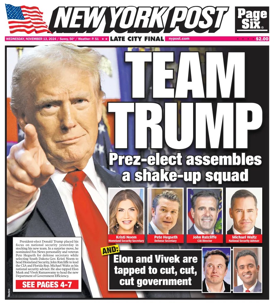 Today's cover: Who’s been picked for Trump’s second administration so far? trib.al/XOdY3mi