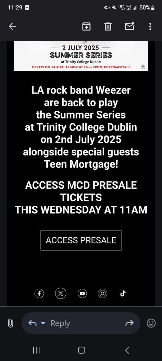 .<a href="/mcd_productions/">MCD Productions</a>  as per your email, <a href="/Weezer/">weezer</a> presale tickets for Dublin should be on sale from 11am this morning. <a href="/TicketmasterIre/">Ticketmaster Ireland</a> <a href="/TMIrelandHelp/">Ticketmaster Ireland CS</a> are stating mcd presale aren't available until tomorrow. What's going on?