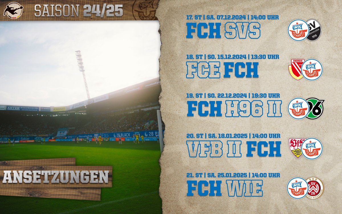 📆Kalender raus - Endlich ist es soweit!🙌
Die Spieltage 17-21 sind terminiert!✍️

#wirsindhansa | #fch