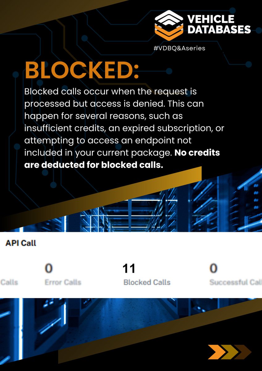 VDatabases's tweet image. Our dashboard provides detailed insights into every API request, categorized by Success, Blocked, and Error calls—each with unique responses and impacts on your credit balance.
#API #DataAPI #VehicleAPI #AutomotiveTech #TechSolutions #Business #QASeries #VINCheck #VINDecodeAPI