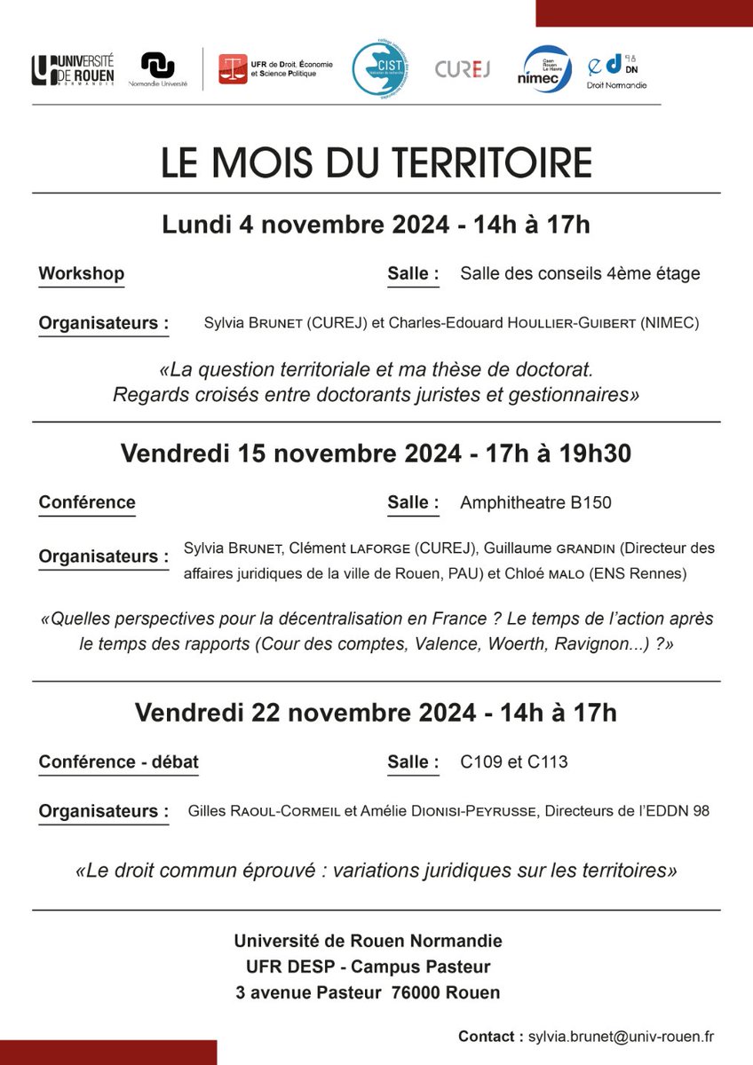 CIST (@fr2007_cist) on Twitter photo 15/11 @ 17h Rouen
conférence sur l’Etat et l’avenir de la décentralisation territoriale | MOIS DES #TERRITOIRES
présidé par Géraud Magrin, avec Chloé Malo <a href="/Clement_Laforge/">Dr. Clément Laforge 🇪🇺</a> Cécile Regourd <a href="/ArnaudBrennetot/">Brennetot Arnaud</a> Marie Blondel
<a href="/curej_urn/">CUREJ</a> <a href="/univrouen/">Université de Rouen Normandie</a> <a href="/nimecnormandie/">NIMEC Rouen</a>
page.hn/zfrq4r 15/11 @ 17h Rouen
conférence sur l’Etat et l’avenir de la décentralisation territoriale | MOIS DES #TERRITOIRES
présidé par Géraud Magrin, avec Chloé Malo <a href="/Clement_Laforge/">Dr. Clément Laforge 🇪🇺</a> Cécile Regourd <a href="/ArnaudBrennetot/">Brennetot Arnaud</a> Marie Blondel
<a href="/curej_urn/">CUREJ</a> <a href="/univrouen/">Université de Rouen Normandie</a> <a href="/nimecnormandie/">NIMEC Rouen</a>
page.hn/zfrq4r