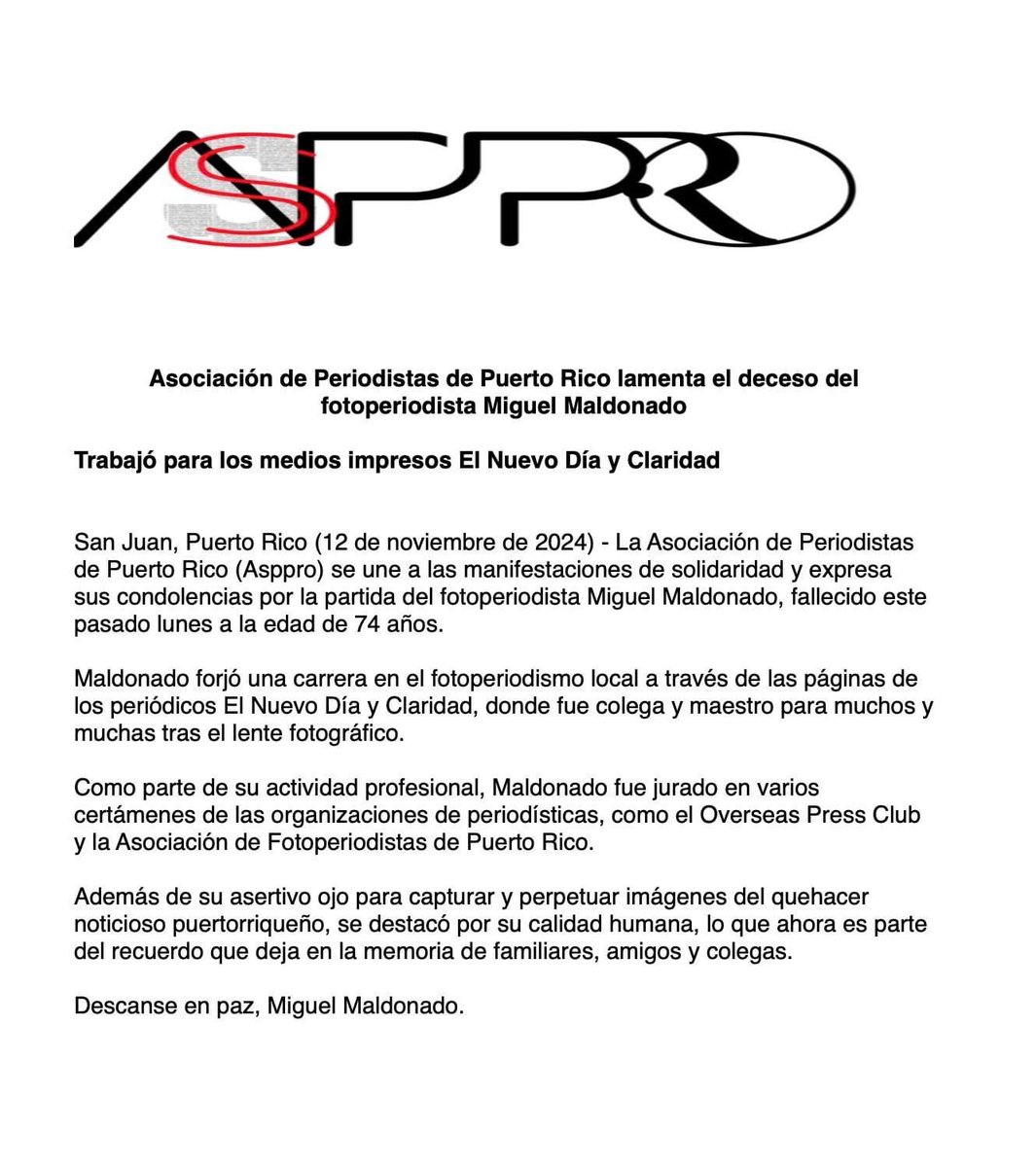 AsocPeriodistasPR (@asppro_oficial) on Twitter photo 📄 Desde la <a href="/asppro_oficial/">AsocPeriodistasPR</a> enviamos nuestras condolencias a la familia y allegados de Miguel Maldonado, que en paz descanse. 📄 Desde la <a href="/asppro_oficial/">AsocPeriodistasPR</a> enviamos nuestras condolencias a la familia y allegados de Miguel Maldonado, que en paz descanse.