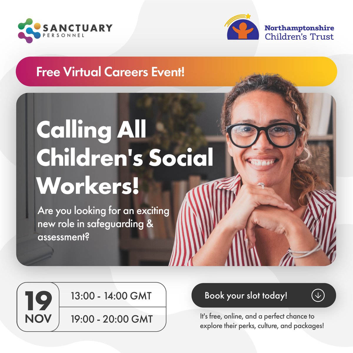 Children’s Social Workers:
Join Northamptonshire Children’s Trust’s virtual careers event on Nov 19 (1-2 PM &amp; 7-8 PM) to explore career benefits. 
Reserve your spot 👉 bit.ly/NCTevent