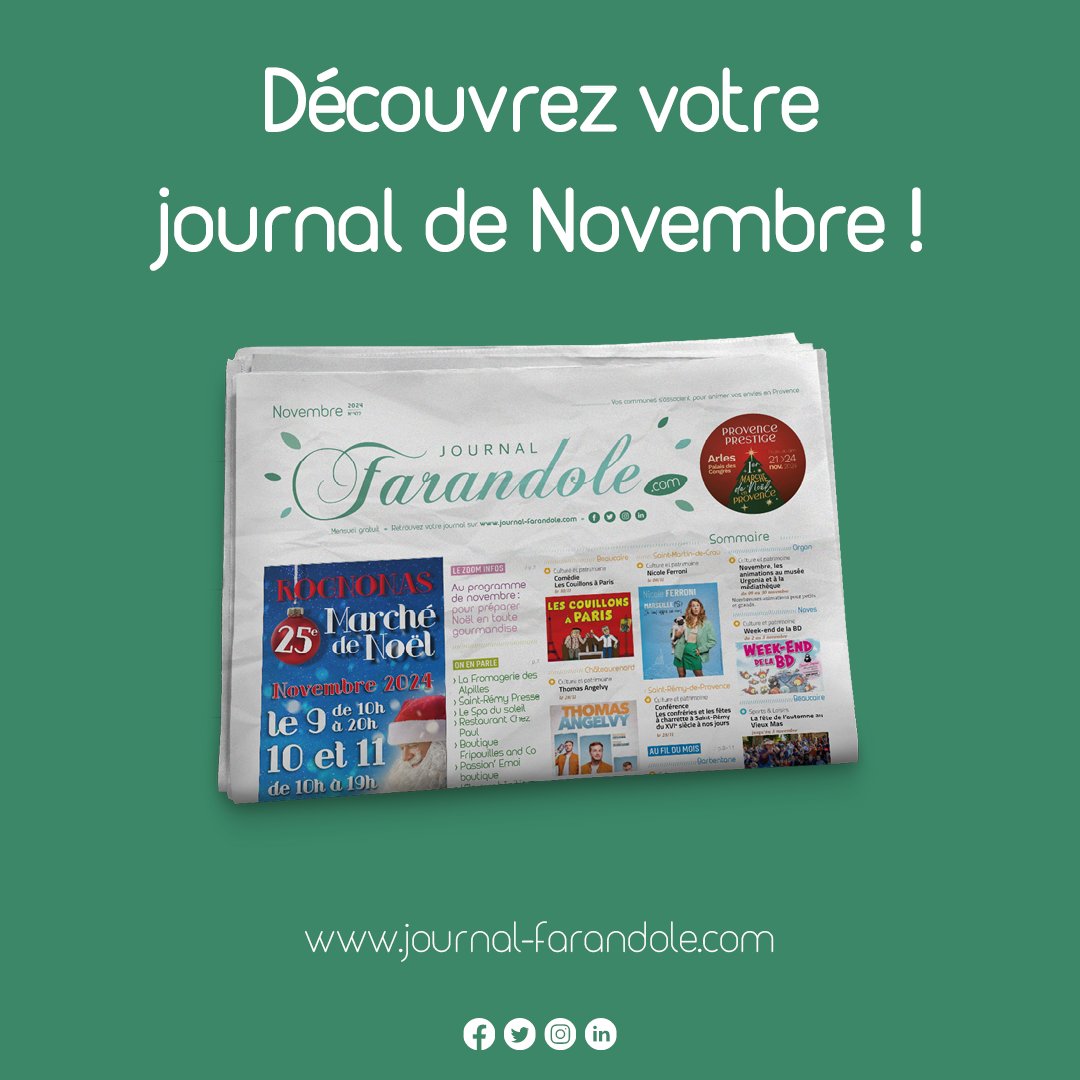 [#VotreJournal🗞]
L'hiver approche ! En Novembre, le Pays d'Arles et la Provence vous accueillent grâce à <a href="/J_Farandole/">Journal Farandole</a> !

📖 swll.to/L9Cjx
💻 swll.to/rFtWg1J
🙏 swll.to/BhByN

#Presse #BouchesDuRhône #PaysDArles #Provence #IdéesSorties #Automne #Hiver