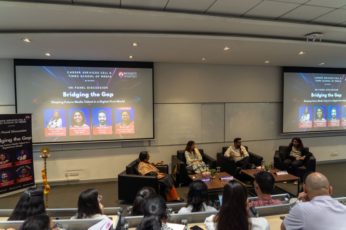 bennettuniv's tweet image. Our HR Panel Discussion Series' 2nd edition featured top HR leaders from Archetype, Collective Newsroom, and Radio Mirchi, sharing insights on culture, tech recruitment, and risk-taking. Organized by Semester V students with Prof. Shruti Jain.
#BennettUniversity #TSOM #HRPanel