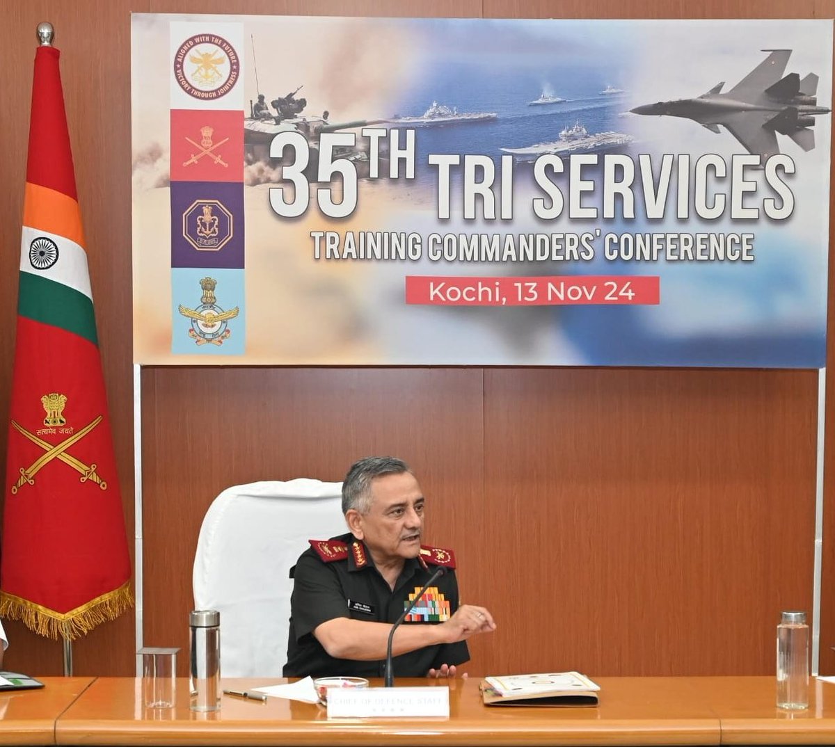 HQ_IDS_India's tweet photo. General Anil Chauhan, Chief of Defence Staff chaired the 35th Triservices Training Commanders' Conference #TSTCC at Southern Naval Command, #Kochi. Discussions held on optimial utilisation of training infrastructure & resources and exploiting the collective potential of our Training establishments. 

#CDS underscored that  #Jointmanship & #TriServicesSynergy in  training were imperative to achieve supremacy in the evolving multi domain battlespace. He extolled upon evolution of training to prepare #IndianArmedForces in meeting unique security challenges and fight #FutureWars in an integrated manner.

#TSTCC brings together Commanders from Services & #HQ_IDS to collaborate on important aspects of training and arrive at cohesive strategies to enhance combat potential and achieve greater operational efficiency.

@DefenceMinIndia
@SethSanjayMP