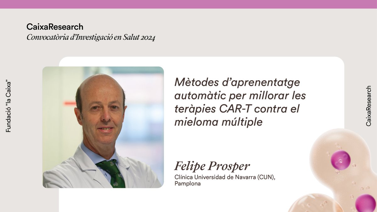 CaixaResearch (@caixaresearchca) on Twitter photo Les teràpies CAR-T poden perdre eficàcia amb el temps, especialment en pacients amb mieloma múltiple.
🔬 Amb l’ajuda de la IA i mostres de pacients, l’investigador #CaixaResearch <a href="/FelipeProsper/">Dr. Felipe Prósper</a> investigarà per què passa i com ⬆️ l’efectivitat d’aquestes teràpies. Les teràpies CAR-T poden perdre eficàcia amb el temps, especialment en pacients amb mieloma múltiple.
🔬 Amb l’ajuda de la IA i mostres de pacients, l’investigador #CaixaResearch <a href="/FelipeProsper/">Dr. Felipe Prósper</a> investigarà per què passa i com ⬆️ l’efectivitat d’aquestes teràpies.