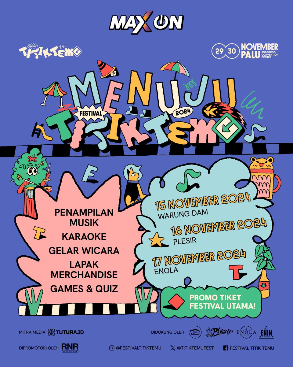 Sebelum datangnya pesta besar #FestivalTitikTemu2024, mari kita beramai-ramai menyambutnya dengan perayaan selama 3 hari, 3 tempat, ragam aktivitas. Catat tanggal dan tempat untuk merayakan Menuju Titik Temu. Konten dan penampil akan diumumkan segera. Sampai jumpa! 🕺🏻💃🏻
