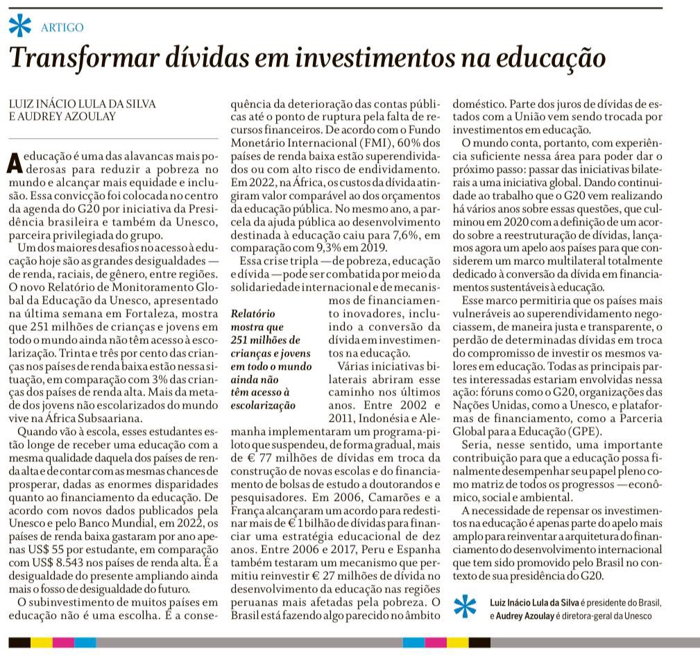 Converter superendividamento dos países mais pobres em investimentos em educação? Isso é bom para todo mundo. Artigo que escrevi junto com a diretora-geral da UNESCO, <a href="/AAzoulay/">Audrey Azoulay</a>. Vale a leitura.