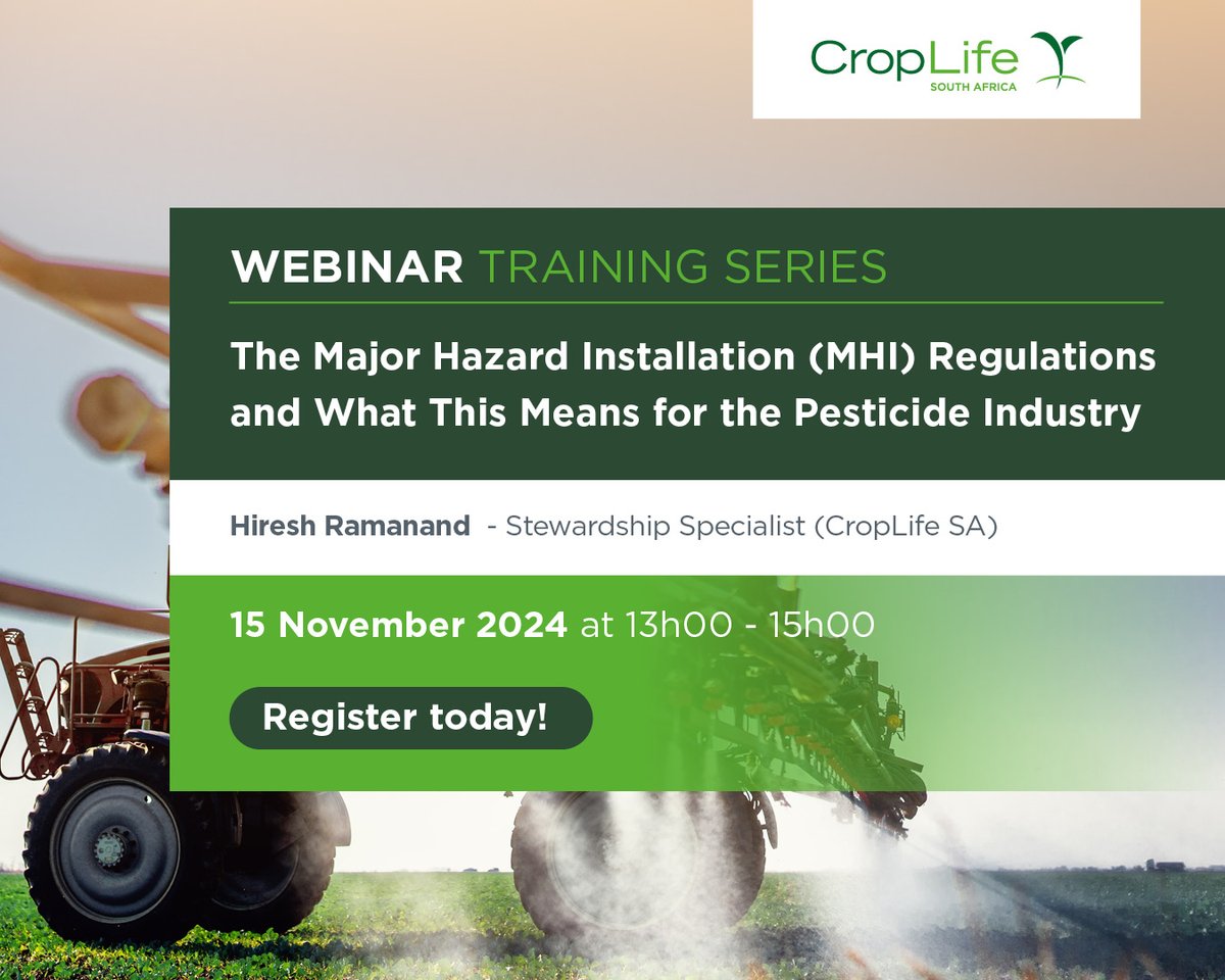 ‼️REMINDER TO REGISTER‼️
🎥The Major Hazard Installation (MHI) Regulations and What This Means for the Pesticide Industry
📅15 November 2024
🕐13h00
✍️Register here: events.teams.microsoft.com/event/19fc911b…