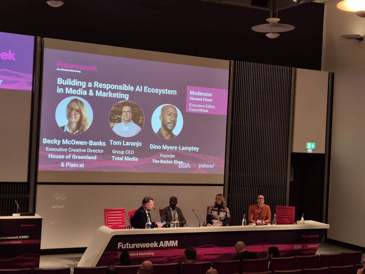 videoweek's tweet image. Ending the day at FutureWeekAIMM, hearing from Dino Myers-Lamptey, @TheBarberSh_p, Tom Laranjo, @TotalMediaUK and @BeckyMcB, House of Greenland and Plain:ai as they discussed building a responsible AI ecosystem in media and marketing.

#FWAIMM24 #FutureWeekAIMM #Media #AI