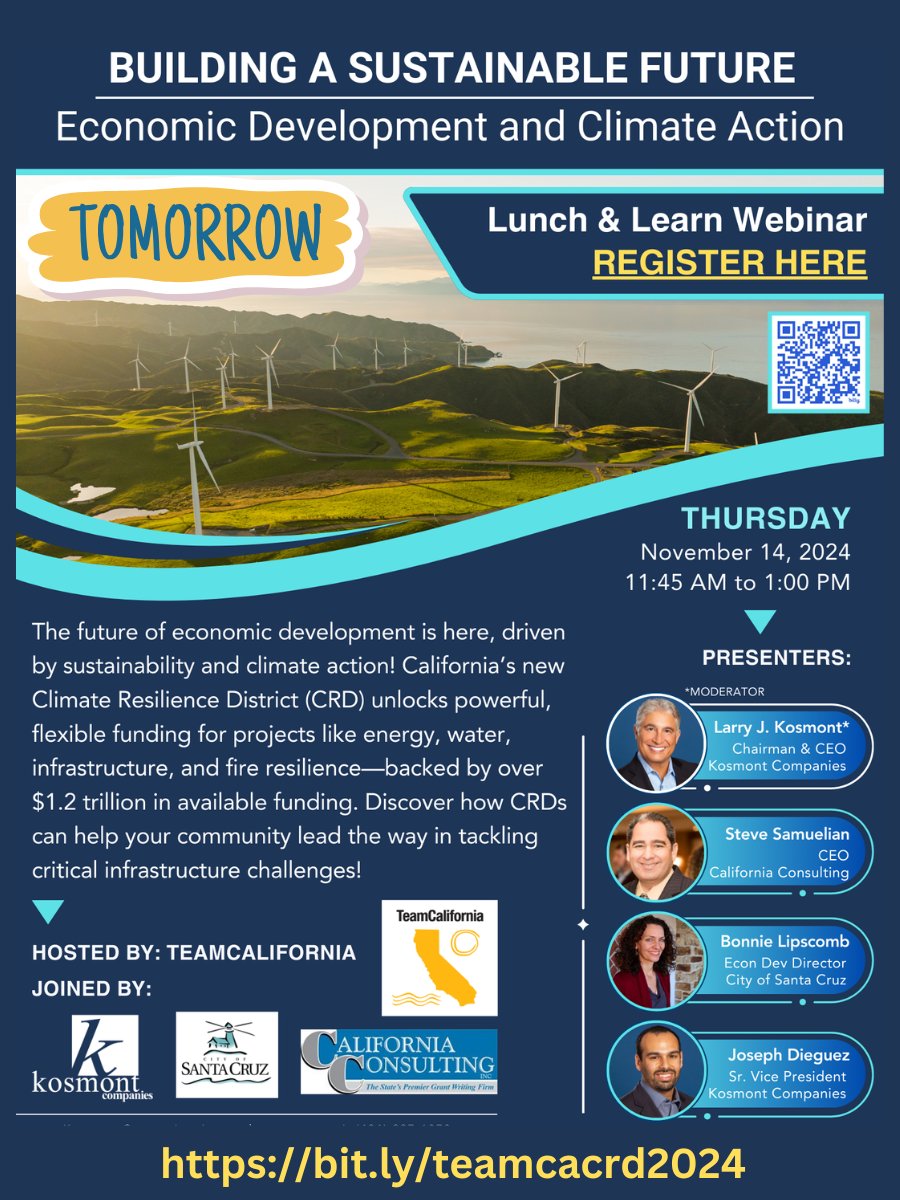 TeamCA_EDC's tweet photo. Our Lunch and Learn Webinar is Tomorrow!

There is funding available to help our communities on projects - learn more about Climate Resilience Districts and how this can give you the upper edge and solutions!

Thursday November 14
11:45am-1pm
Webinar Link: https://t.co/LFS5wUxR8J https://t.co/uer2P1Mjcc
