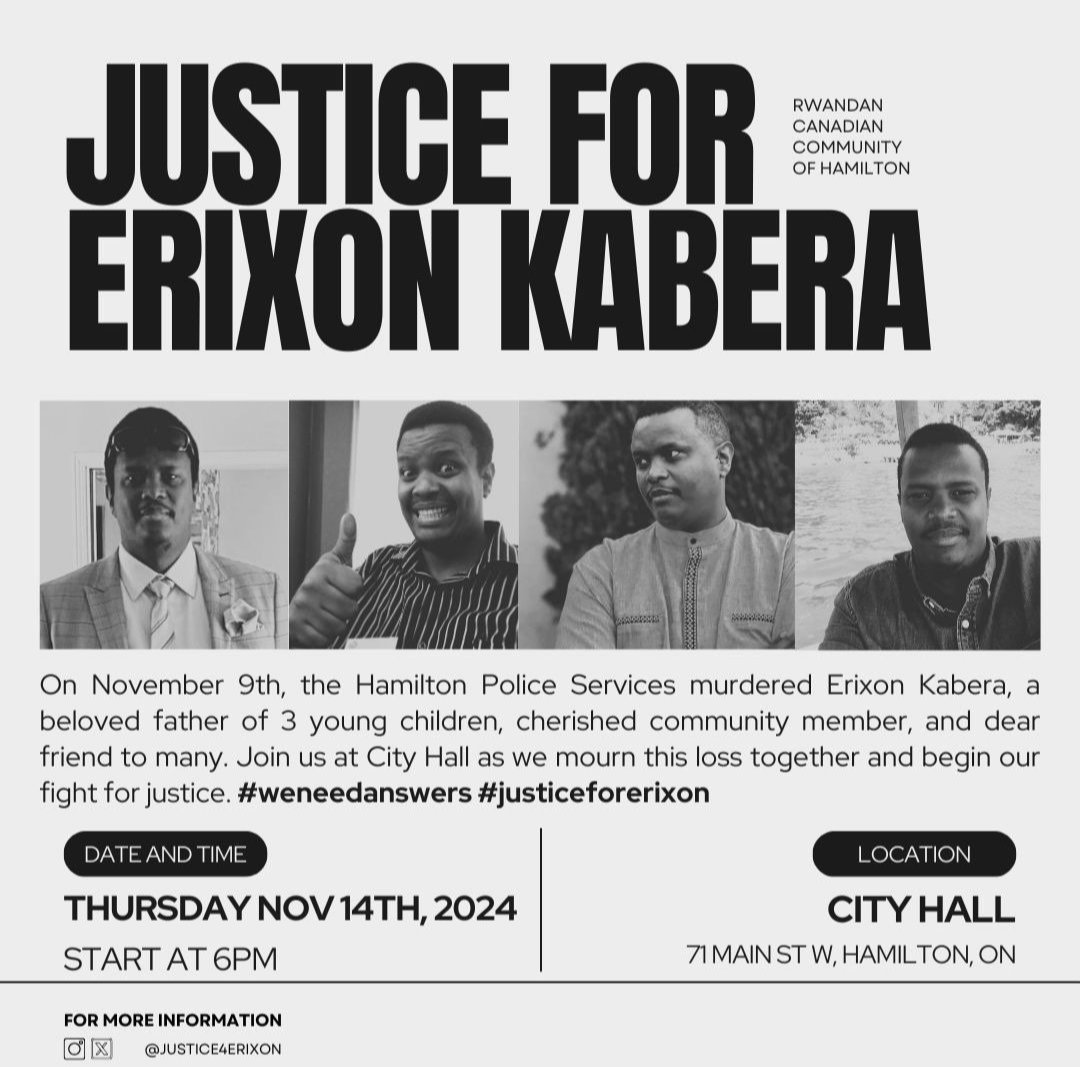 Hey Toronto, our friends in Hamilton are gathering on Thursday to mourn the loss of Erixon Kabera, who was killed by Hamilton Police last weekend

Black activists from Hamilton show up to our city time and again to support our work. It's really important that we show up for them