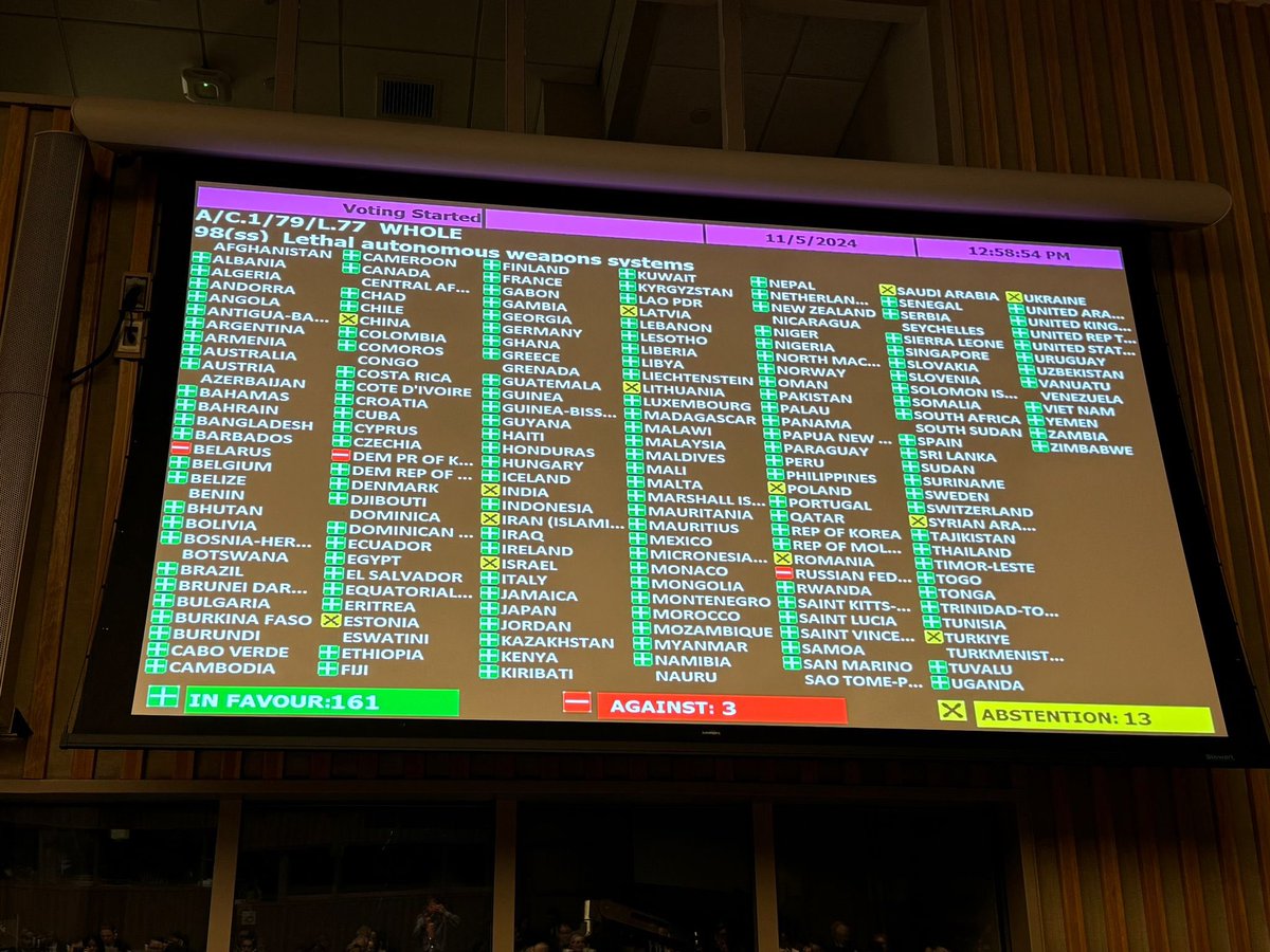 Belgium UN New York (@belgiumun) on Twitter photo AI and killer robots are already in the battlefield. The๐บ๐ณ needs a legally binding instrument.
The 1st committee (disarmament) adopted a resolution for inclusive discussions on lethal autonomous weapons systems (LAWS) thanks to a cross regional group๐ง๐ช๐ง๐ท๐จ๐ท๐ฎ๐ช๐ฒ๐ฝ๐ณ๐ฟ๐ต๐ญ๐ธ๐ฑ๐ฑ๐ฐ๐จ๐ญ,led by๐ฆ๐น AI and killer robots are already in the battlefield. The๐บ๐ณ needs a legally binding instrument.
The 1st committee (disarmament) adopted a resolution for inclusive discussions on lethal autonomous weapons systems (LAWS) thanks to a cross regional group๐ง๐ช๐ง๐ท๐จ๐ท๐ฎ๐ช๐ฒ๐ฝ๐ณ๐ฟ๐ต๐ญ๐ธ๐ฑ๐ฑ๐ฐ๐จ๐ญ,led by๐ฆ๐น