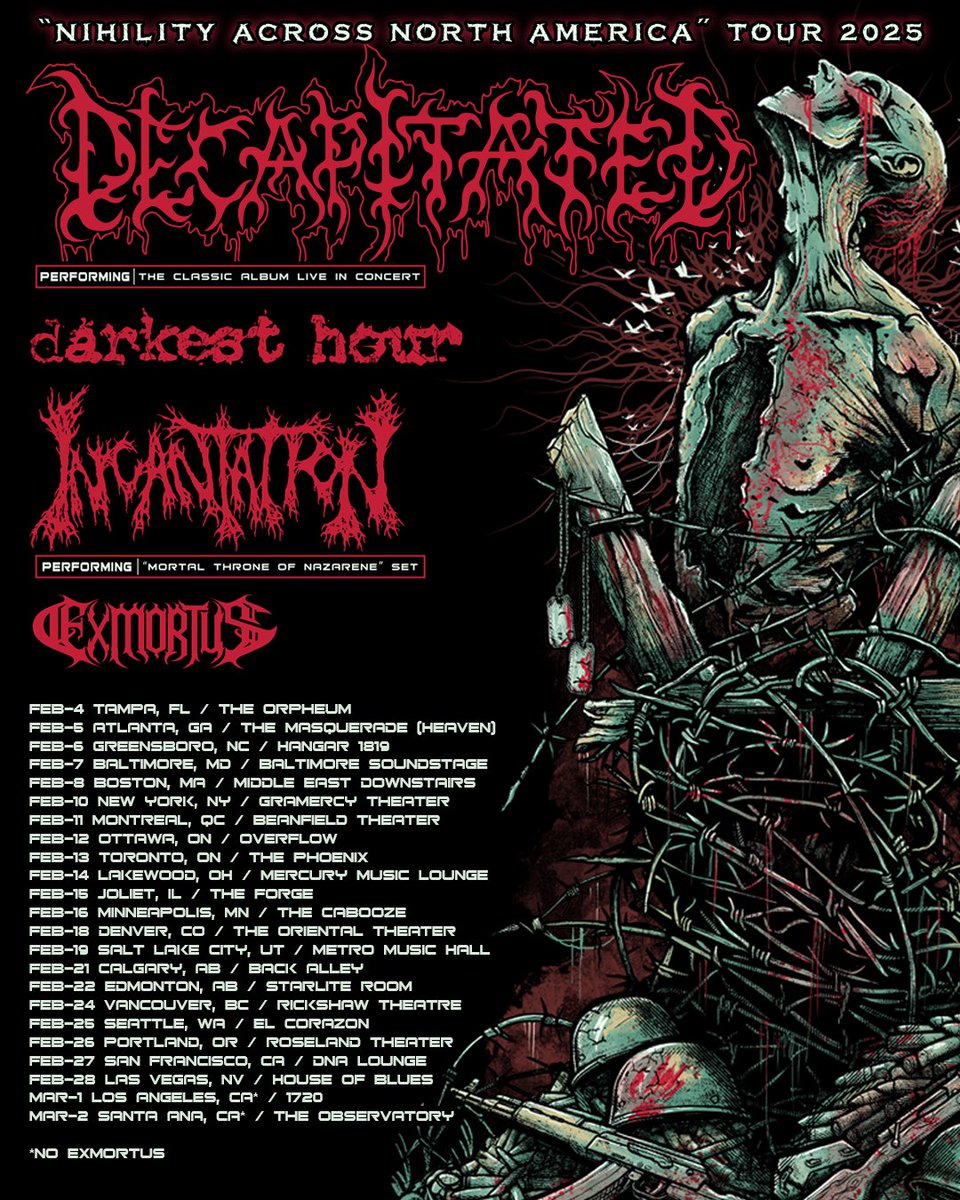 darkesthourrock's tweet photo. 2025! LFG 🔥 TICKETS ON SALE FRIDAY!l THIS LINEUP IS SKULL AF! @MNRKHeavy @decapitated @Incantation666 @Exmortusband https://t.co/bWCt0H09c4