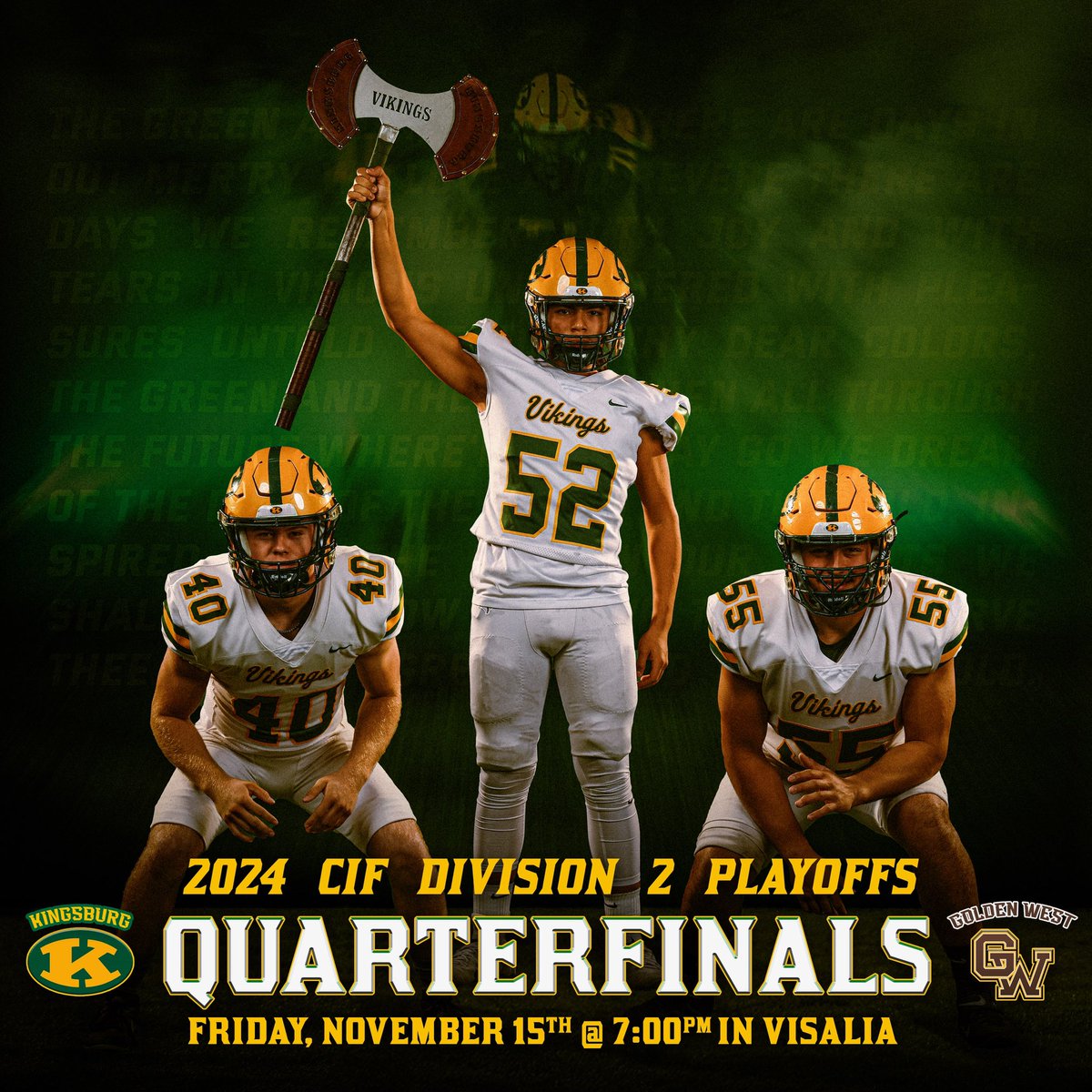 Vikings set sail to Visalia this Friday for a quarter final match up with Golden West High School at 7pm in Visalia. Come cheer the Vikings on!! Let’s Go Vikings!