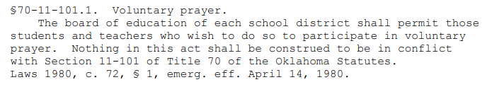 OKPolicy's tweet photo. If only there was existing state law that ensured the right for voluntary prayer in Oklahoma schools. 

Oh wait, here's that 1980 law that says just that. 

§70-11-101.1. Voluntary prayer
https://t.co/wSg53UudDm https://t.co/M67BZWw0Il