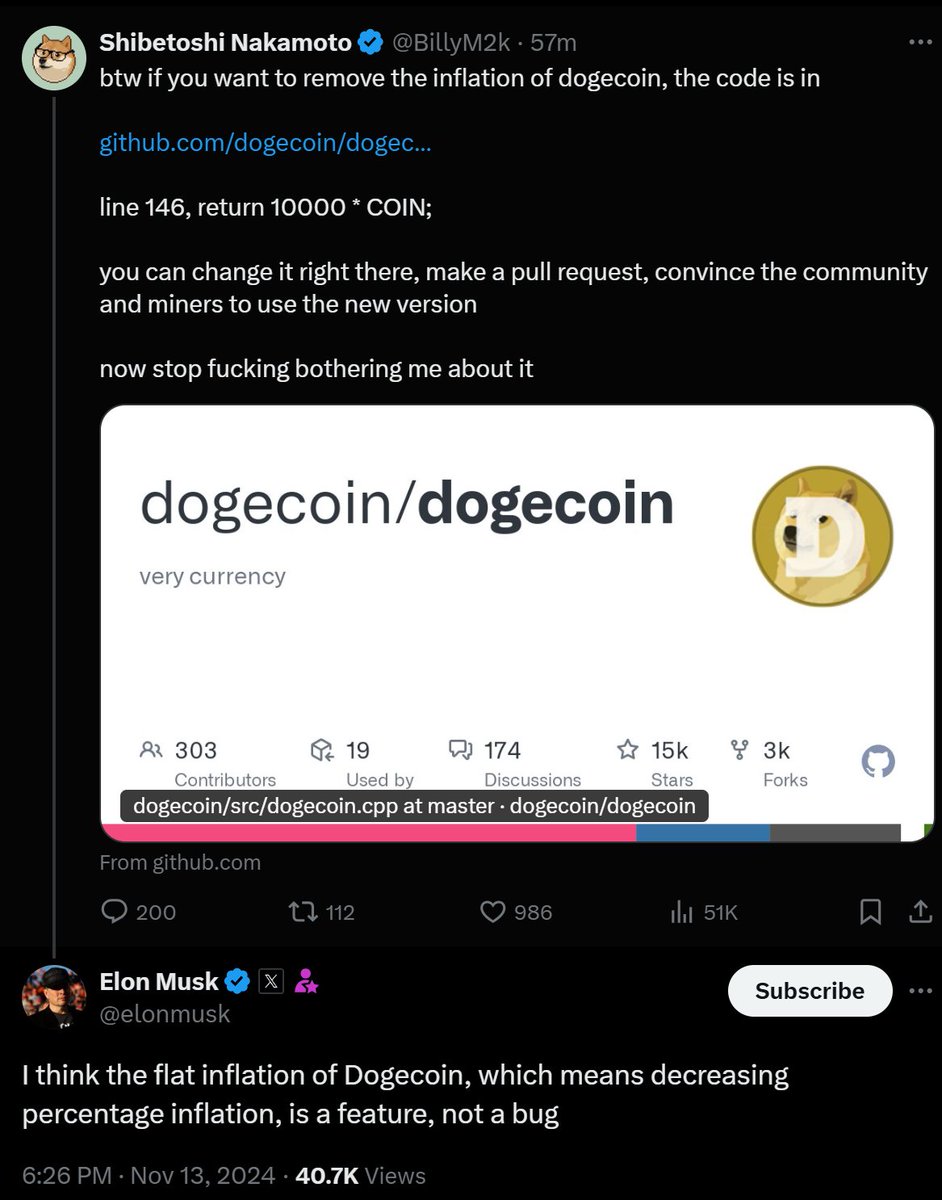 esatoshiclub's tweet image. 🚨 JUST IN: @elonmusk: &quot;Flat infltation of Dogecoin is a feature, not a bug.