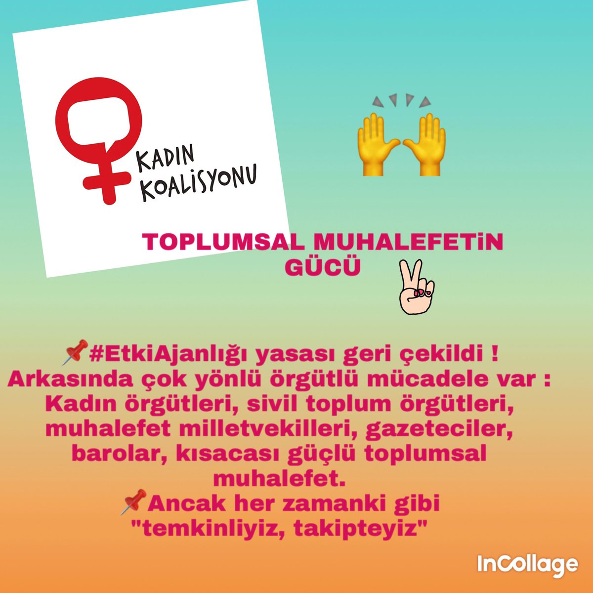 📌#EtkiAjanlığı yasası geri çekildi, arkasında çok yönlü örgütlü mücadele var : Kadın örgütleri, sivil toplum örgütleri, muhalefet milletvekilleri, gazeteciler, barolar, kısacası güçlü toplumsal muhalefet. 
📌Ancak her zamanki gibi "temkinliyiz, takipteyiz"
#ToplumsalMuhalefet
